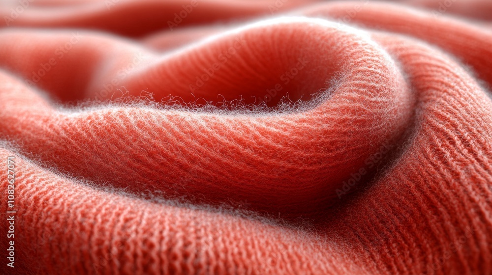 Aufkleber a close-up view of a coral-colored fabric with rich textures, displaying its soft, delicate fibers a