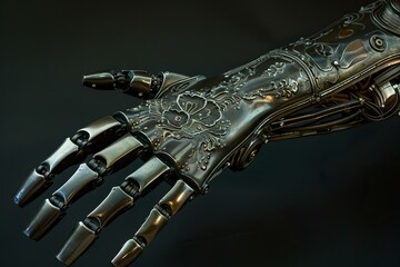 Naklejka premium Mechanical robotic hand with floral design is reaching out on black background