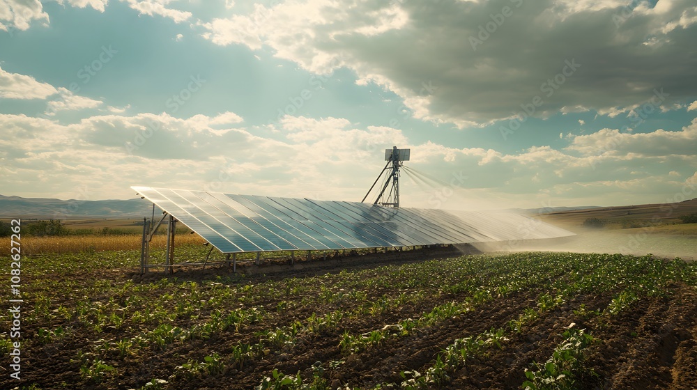Poster a solar-powered irrigation system in a remote agricultural field, showing alternative energy use in 