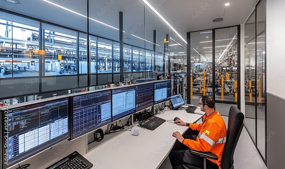 Poster control room with multiple monitors displaying data, operated by a worker in safety gear.