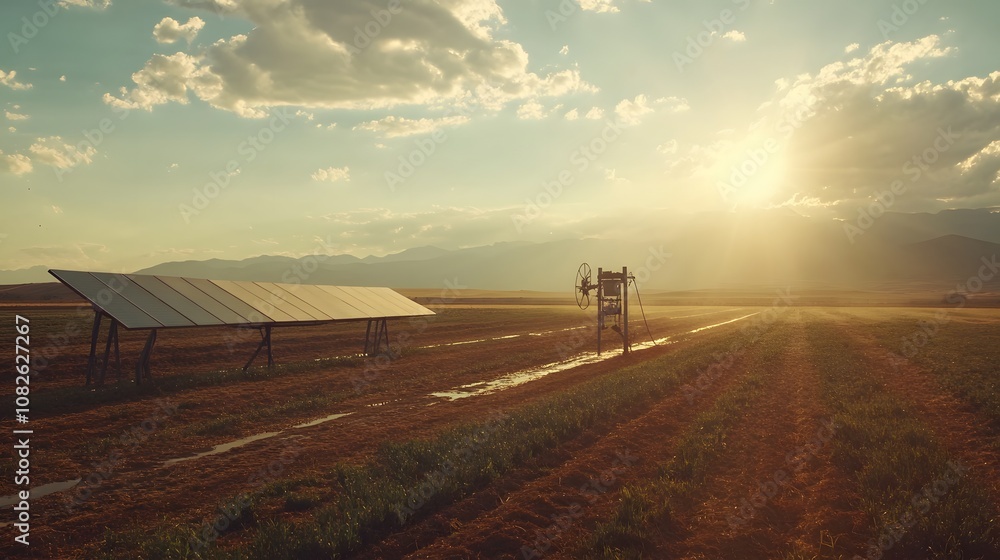Poster a solar-powered irrigation system in a remote agricultural field, showing alternative energy use in 