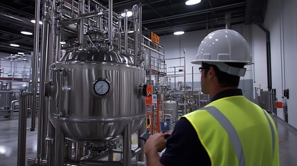 Fototapeta premium A worker in a safety helmet and vest inspects industrial equipment in a manufacturing facility.
