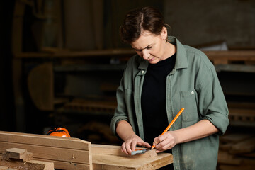 A skilled carpenter meticulously measures wood, showcasing craftsmanship in a vibrant workshop...