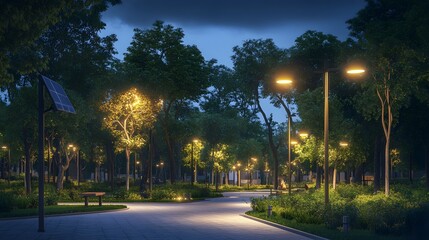 A community park with solar-powered lighting surrounded by trees, showcasing eco-friendly urban design. Cinematic Scene, 4k resolution, cinematic scene