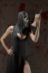 Masked Horror Villain Making a Chilling Call in Blood-Soaked Room