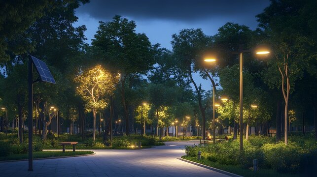 A community park with solar-powered lighting surrounded by trees, showcasing eco-friendly urban design. Cinematic Scene, 4k resolution, cinematic scene