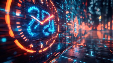 A futuristic digital clock face with the numbers 24 glowing in blue and a clock hand pointing at 12. The clock is surrounded by a red glowing ring and set against a backdrop