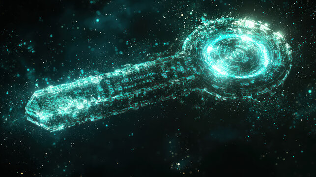 Digital Key with Swirling Encryption Patterns in a Cosmic Setting, Featuring Abstract and Futuristic Elements, Perfect for Technology and Security Themes