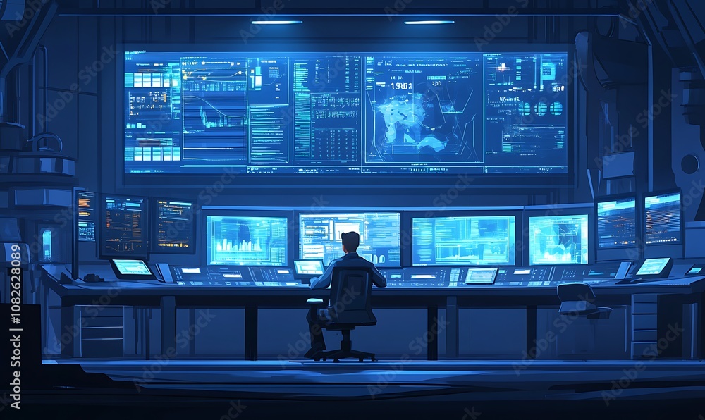 Poster a dark, high-tech control room with multiple screens displaying data and analytics.