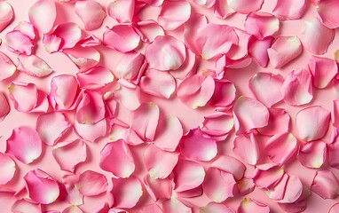 Naklejka premium Pink rose petals on pink background. Flat lay, top view