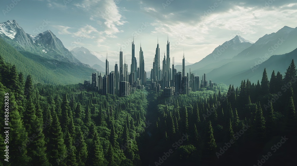Poster a futuristic cityscape surrounded by mountains and dense forests, with advanced structures and symme