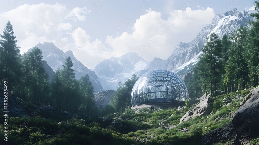 Poster a large, glass-domed building in a mountainous landscape, using futuristic technology to blend with 