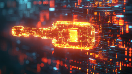 Obraz premium Futuristic 3D Holographic Key with Glowing Circuit Pattern Against a Digital Matrix Background, Ideal for Technology and Cybersecurity Concepts