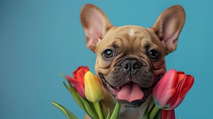 A cute French bulldog puppy holding tulips in his paws, isolated on blue background. Happy dog with tongue out and looking at camera, front view, studio shot. International Women's Day.