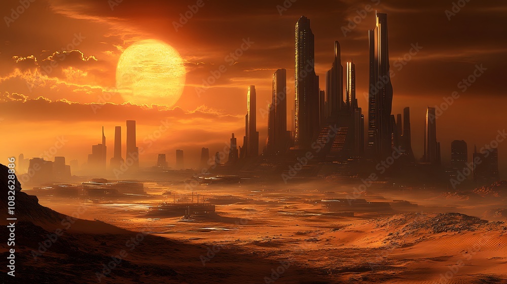 Aufkleber a symmetrical cityscape set in a desert with advanced buildings featuring sustainable energy technol