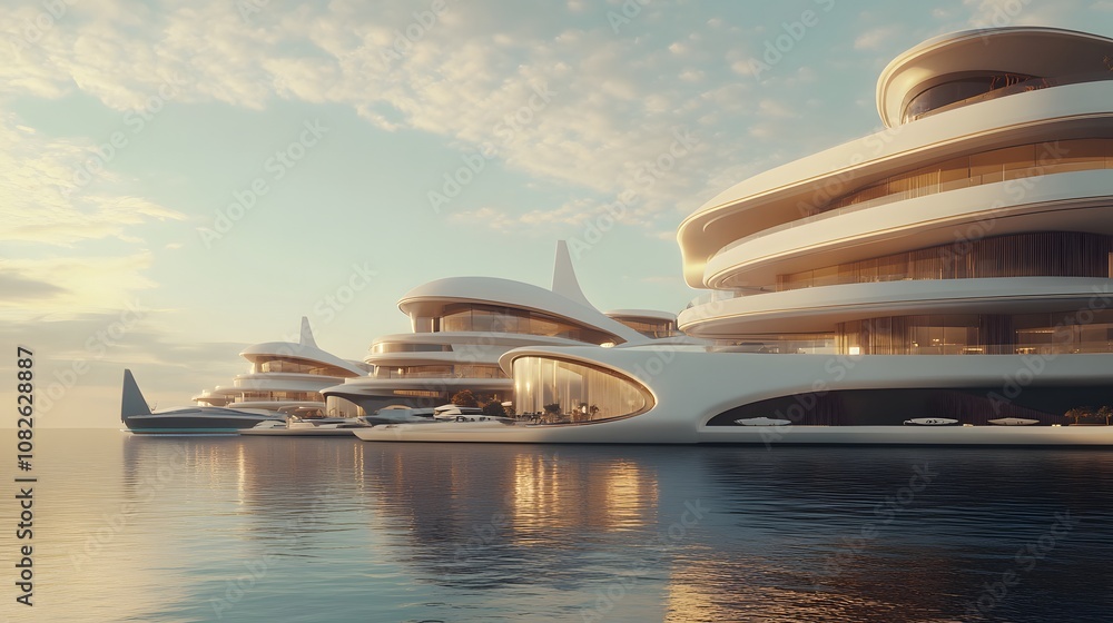 Poster a futuristic coastal community with sleek architecture and advanced infrastructure, perfectly aligne