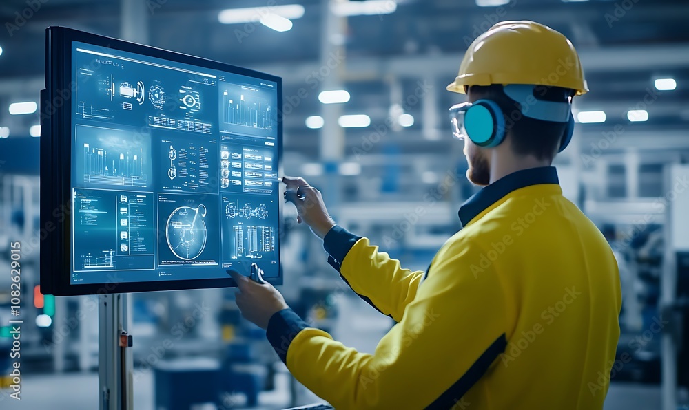 Poster a worker in a hard hat interacts with a digital display in an industrial setting.