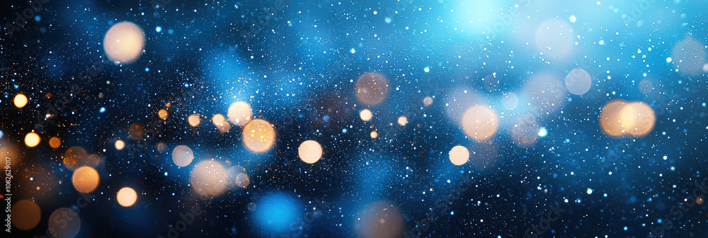 Poster glowing lights and sparkling particles create a mesmerizing ambiance against a rich blue banner back