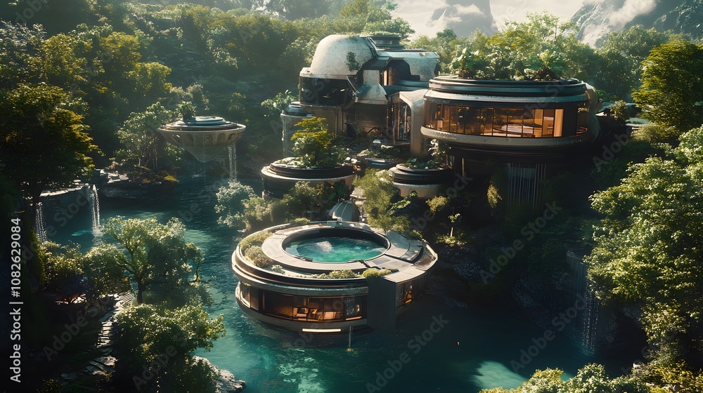 Poster An aerial view of a futuristic mansion with floating structures and advanced landscaping technology in a natural setting. No text, no logo, wide angle shot, Cinematic Scene, 4k resolution, cinematic