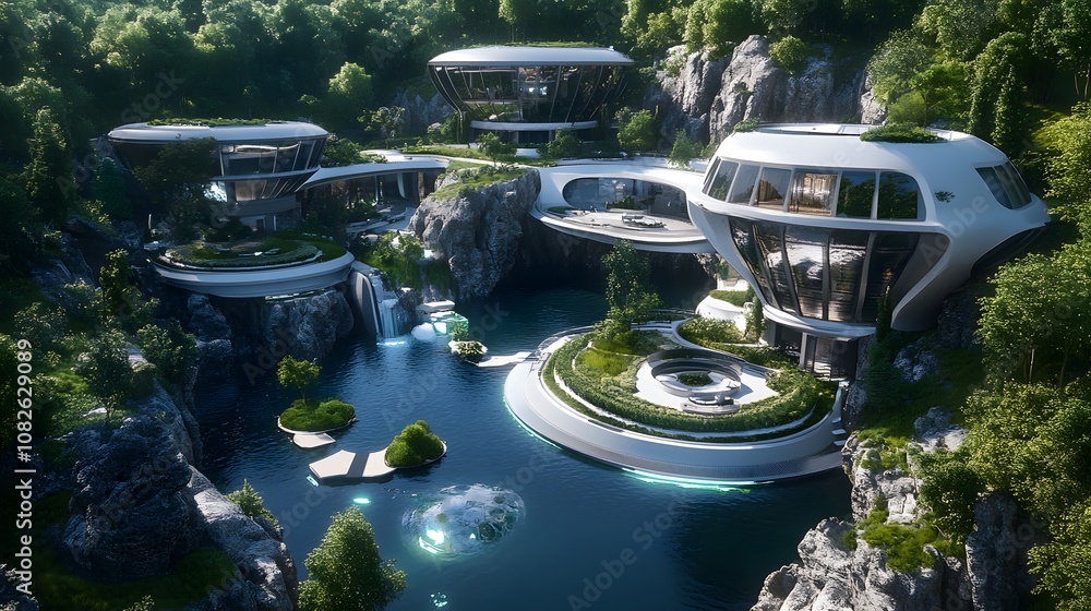 Poster an aerial view of a futuristic mansion with floating structures and advanced landscaping technology 