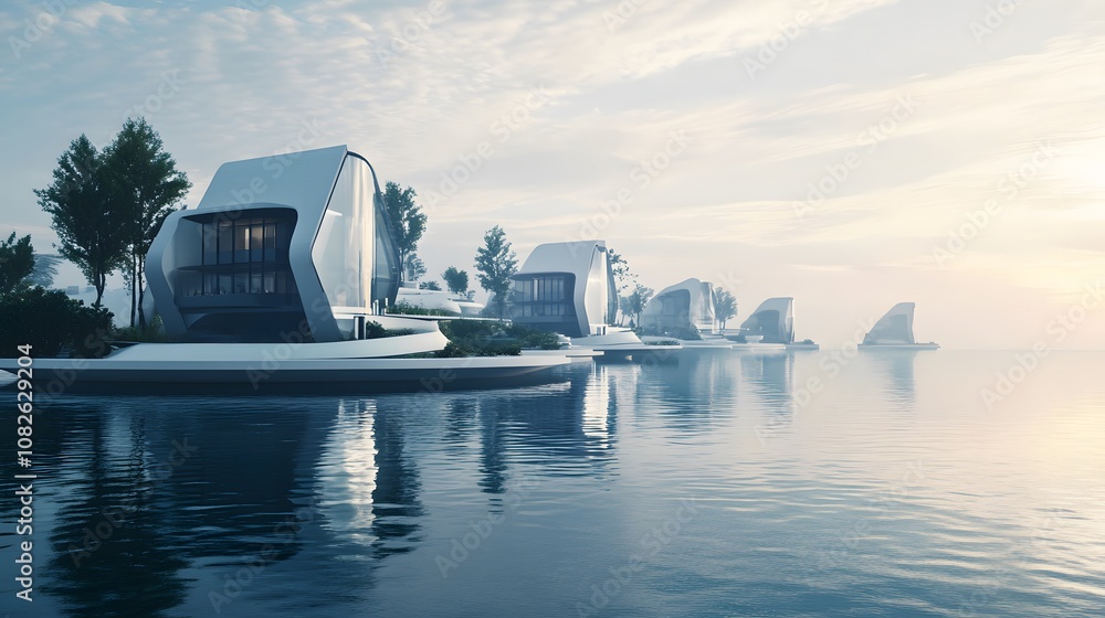 Poster a real estate development built on an artificial island, featuring symmetrical, futuristic design su