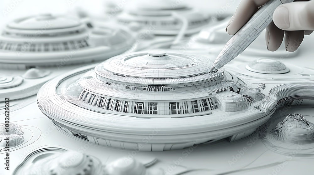 Poster a futuristic design of spacecraft models being sketched in a minimalistic environment.