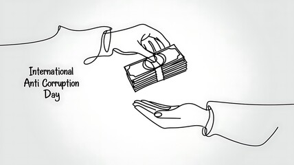 Minimalistic International Anti-Corruption Day Illustration Featuring Hands Rejecting Money in Line Art Style, with Clean Typography and Green Accents for Emphasis
