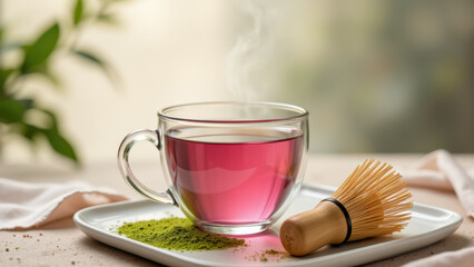 Pink matcha tea in a cup with a spoon and floating leaves on a wooden surface.