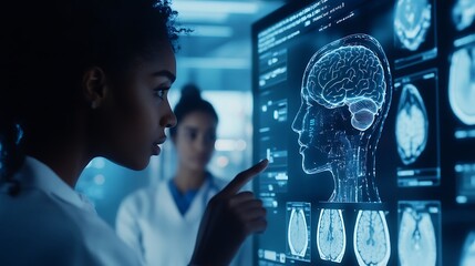 A close-up of a digital interface showing AI analysis of a brain scan, with a doctor and nurse discussing the results, highlighting AI's role in medical imaging 