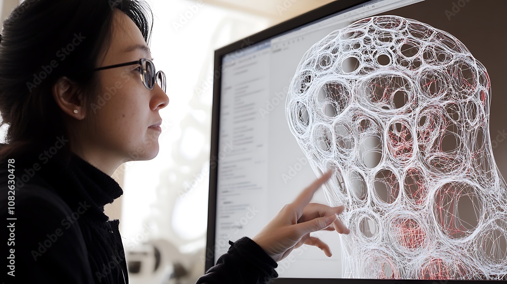 Poster a person interacts with a 3d model on a screen, showcasing intricate bubble-like structures.