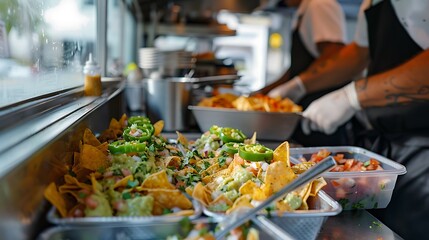 A view of a food truck's bustling kitchen, with chefs preparing loaded nachos topped with jalapenos, cheese, and guacamole.