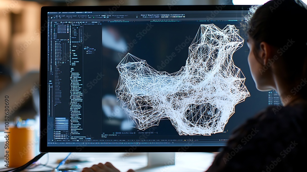 Poster a person analyzing a 3d data visualization on a computer screen.