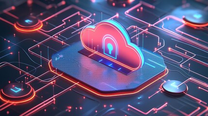 Fototapeta premium Cloud security illustration digital workspace graphic design futuristic environment close-up viewpoint cybersecurity concept