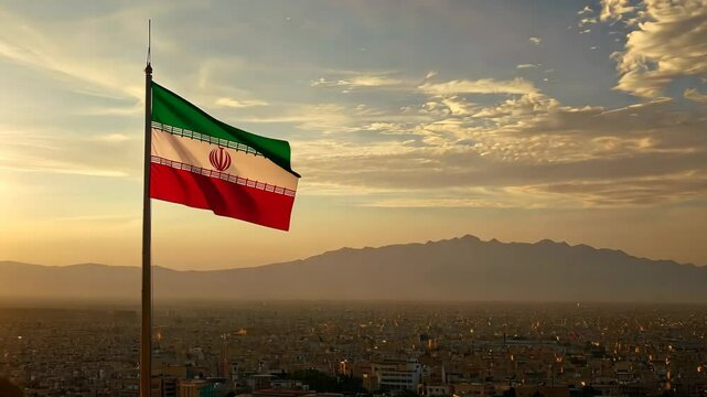 The Iranian flag waves proudly in the breeze against a backdrop of mountains and a cityscape at sunset