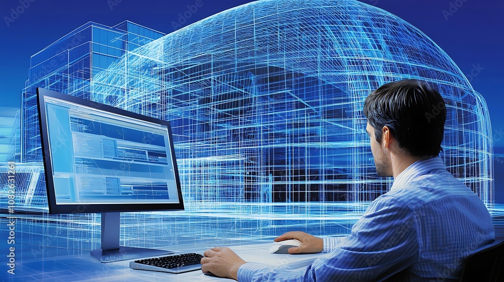 Poster a person working on a computer with a futuristic architectural design in the background.