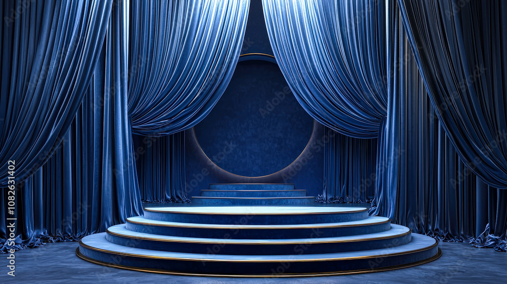 Aufkleber a dramatic blue stage features flowing curtains and a circular backdrop, creating an enchanting atmo