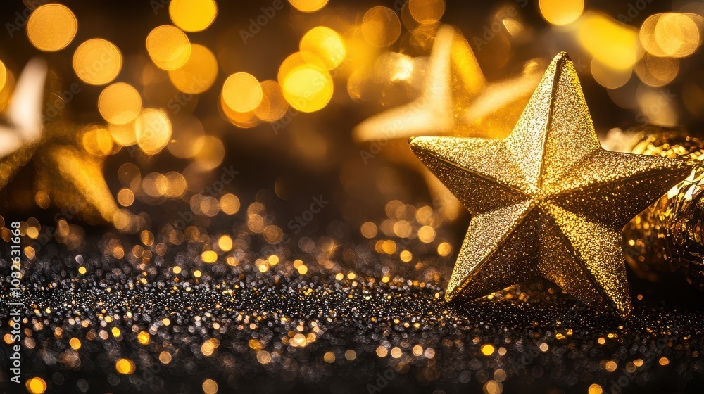 Aufkleber close-up of glimmering golden stars surrounded by bokeh lights creating a magical atmosphere on a de