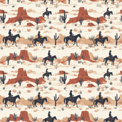 A seamless pattern of cowboy silhouettes on horseback set against a desert landscape with mountains, cacti, and prairie grasses in muted American West tones. Perfect for rustic decor.