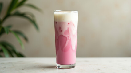 Pink matcha latte with layers of froth on a white surface.