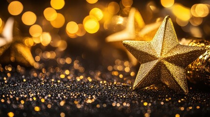 Close-Up of Glimmering Golden Stars Surrounded by Bokeh Lights Creating a Magical Atmosphere on a Deep Background