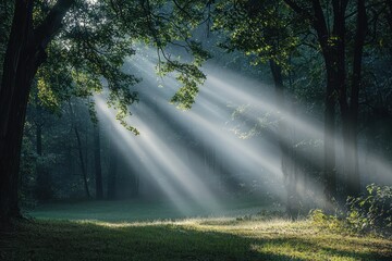 Fototapeta premium A peaceful scene a foggy morning in the woods with rays sunlight breaking through the trees, capturing the tranquility nature
