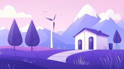 Fototapeta premium Renewable energy home mountain landscape digital illustration serene environment vibrant viewpoint eco-friendly concept
