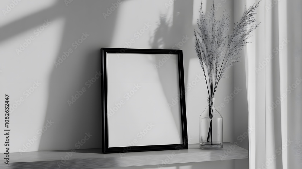 Poster A single black and white photo frame on a light wooden shelf, creating an elegant minimalist setup with contrast. Wide angle shot, Cinematic Scene, 4k resolution, cinematic scene