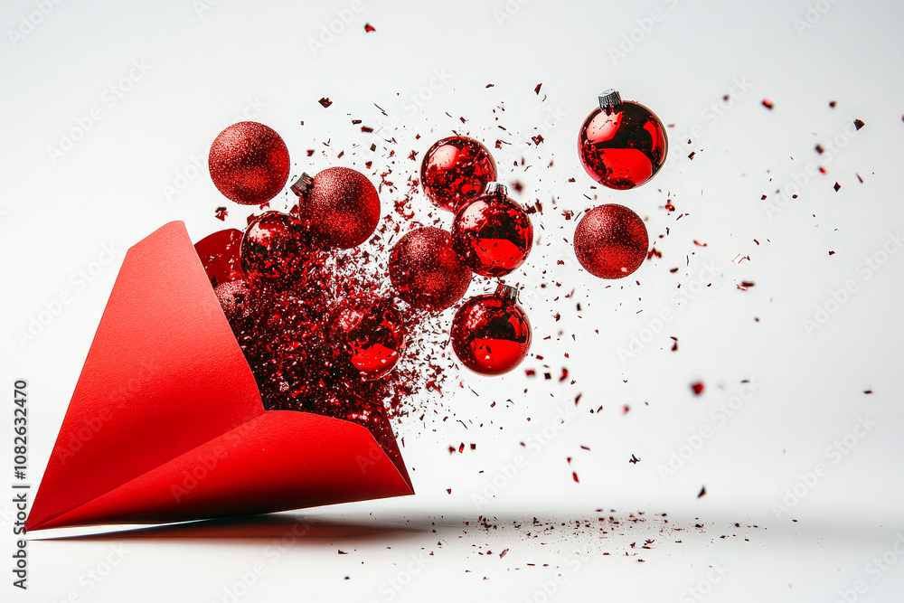 Poster a bright red envelope explodes, releasing shiny ornaments and colorful confetti, creating a joyful c
