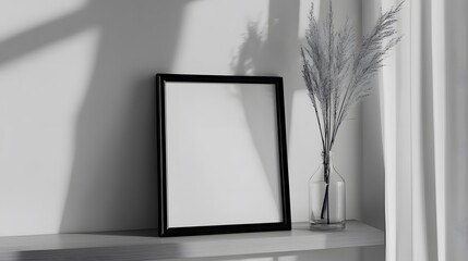 A single black and white photo frame on a light wooden shelf, creating an elegant minimalist setup with contrast. Wide angle shot, Cinematic Scene, 4k resolution, cinematic scene