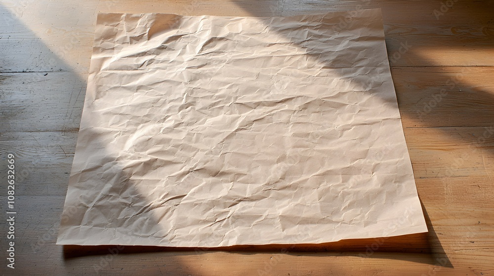 Poster crumpled paper artistry - intricate patterns and shadows on a wooden desk under overhead lighting