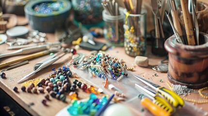 An artistic jewelry-making workstation, Beads and tools meticulously organized, Crafty DIY style