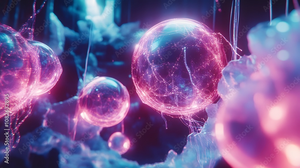 Poster An abstract digital landscape with floating neon spheres and interconnected digital lines, creating a dreamlike and hyper-futuristic atmosphere of technological innovation. 4k resolution, cinematic