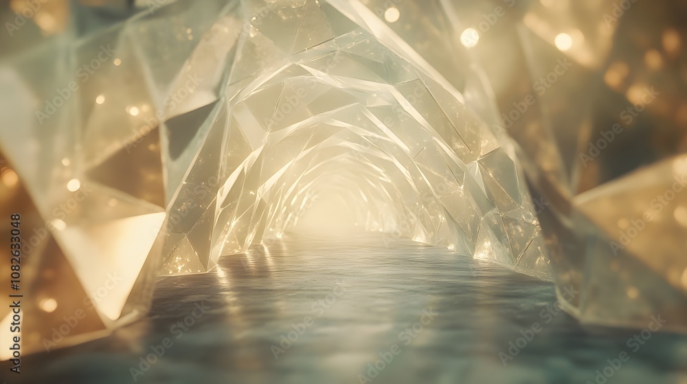 Poster A futuristic tunnel of shimmering lights and geometric shapes, creating a sense of movement and depth in a conceptual digital art style. 4k resolution, cinematic scene