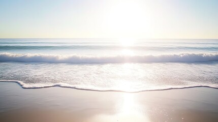 Obraz premium Sunrise over calm ocean waves, sandy shore, serene ambiance